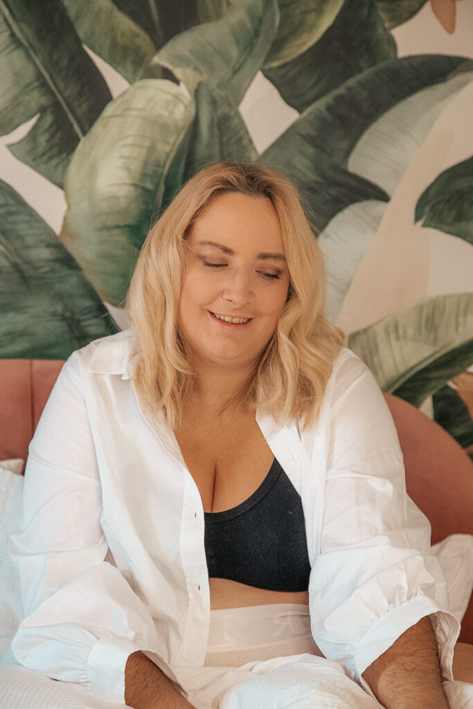 lucy in the asos curve bra with a white shirt 