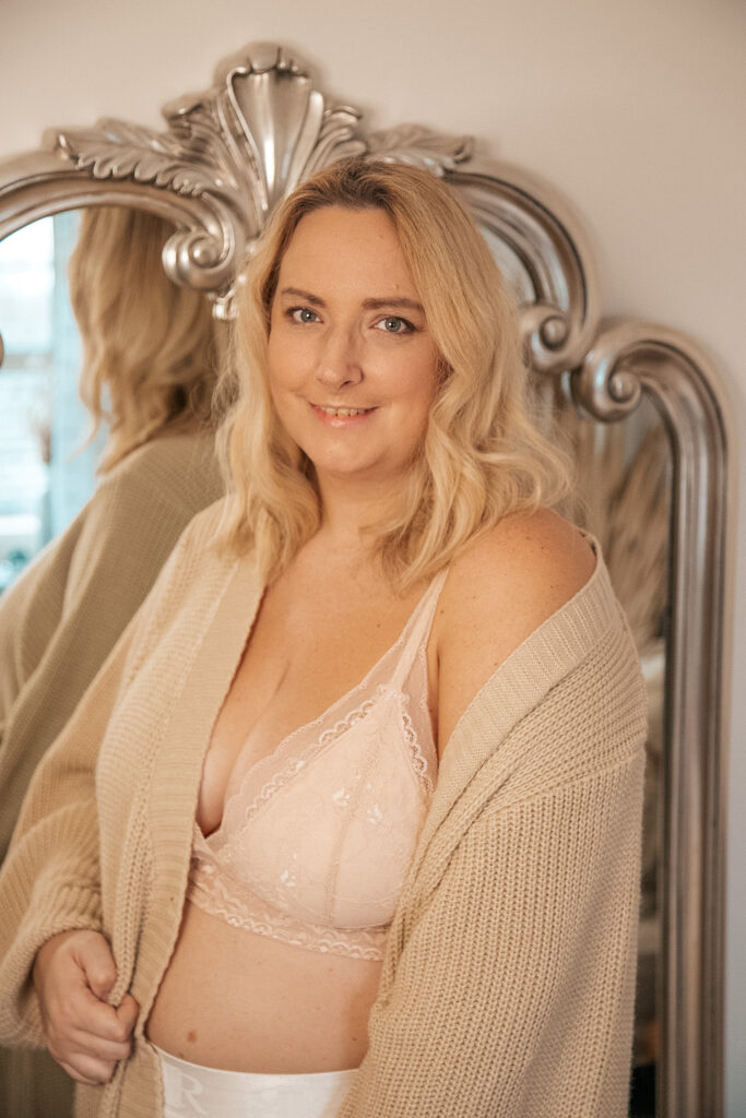 lucy in the lacy bralette with beige longline cardigan 