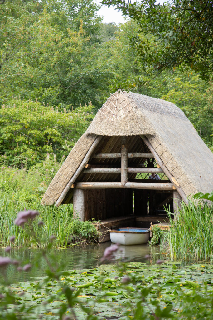 Close up of the boat hut on the pond.